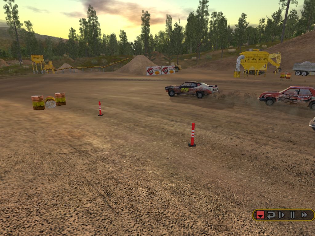 FlatOut (Windows) screenshot: A scene from a post-race replay. The track IS a construction site.