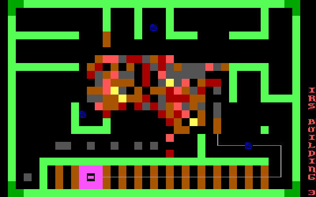 Pyro II (DOS) screenshot: Trailing the fuse over a gas can (makes can explode)