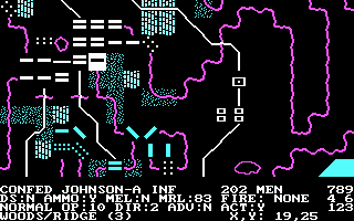 Battle of Antietam (DOS) screenshot: Confederation movement phase (CGA with RGB monitor)