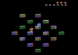 Q*bert's Qubes (Atari 2600) screenshot: Jumping around the blocks...
