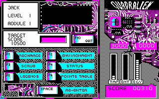 Quadralien (DOS) screenshot: Use terminals to recharge and decontaminate your droid.