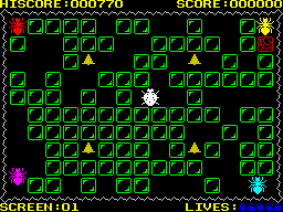 Push Off (ZX Spectrum) screenshot: Level 1 - Spiders.