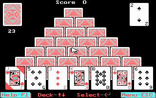 Pyramid Solitaire (DOS) screenshot: Start of a Level 2 game (with alternate card back)