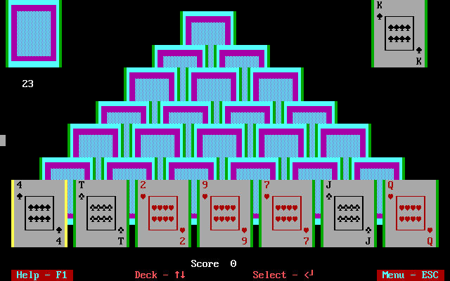 Pyramid Solitaire (DOS) screenshot: Start of a Level 2 game (Text Mode)