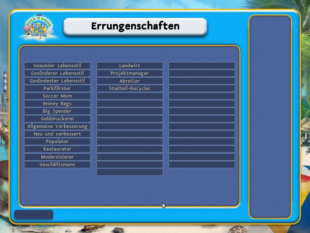 Build It Green: Back to the Beach (Windows) screenshot: Achievements