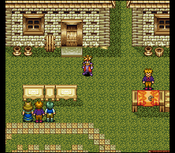 Terranigma (SNES) screenshot: Ahh, civilization at last! The trip from China to Western Europe, apparently, is just a matter of crossing a tiny desert