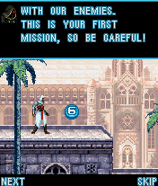 Assassin's Creed (J2ME) screenshot: Start of the first mission. The first name is provided by an anonymous, kind soul.
