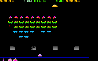 Clone Invader (DOS) screenshot: Shoot the saucer overhead for extra points (MCGA/VGA)