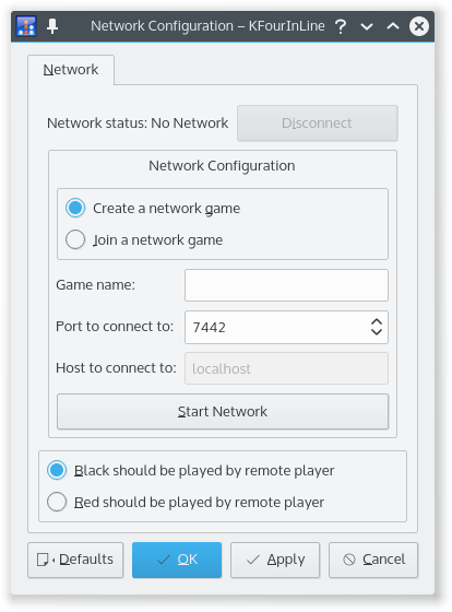 KFourInLine (Linux) screenshot: Configure network settings for multi-player games over the network