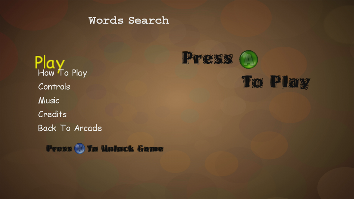 Words Search (Xbox 360) screenshot: Main menu (Trial version)