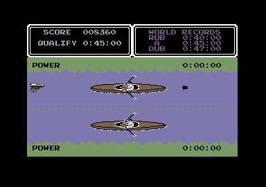 Daley Thompson's Super-Test (Commodore 64) screenshot: At the starting line for the rowing.