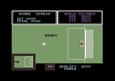 Daley Thompson's Super-Test (Commodore 64) screenshot: Ready to try to kick the soccer ball in for a penalty shot.