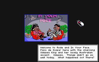 Quarky & Quaysoo's Turbo Science (DOS) screenshot: Paco in studio with Odessa