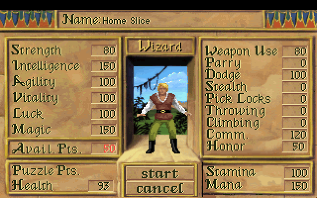 Quest for Glory III: Wages of War (DOS) screenshot: Giving name and assigning attributes