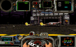 Quarantine (DOS) screenshot: Two cars reduced to flaming wreckage