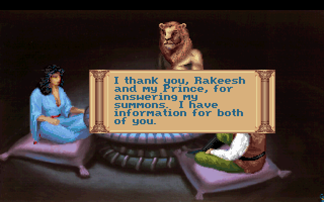 Quest for Glory III: Wages of War (DOS) screenshot: A meeting with Aziza and Rakeesh