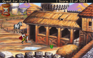 Quest for Glory I: So You Want To Be A Hero (DOS) screenshot: Earning 5 Silver raking at the castle stables