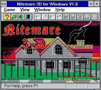 Nitemare-3D (Windows 3.x) screenshot: The title screen<br>The game starts in this really small window and the quality of the graphics change markedly when full screen mode is engaged
