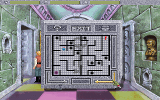 Quest for Glory: Shadows of Darkness (DOS) screenshot: Inside Dr. Cranium's laboratory you'll have to solve several puzzles. This one requires you to guide the baby antwerp through the maze to get the key