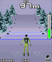 Alltime Ski Jumping (J2ME) screenshot: Land before the green bar on the right is depleted.