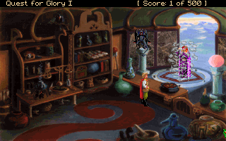 Quest for Glory I: So You Want To Be A Hero (DOS) screenshot: Magic shopkeeper's grand entrance