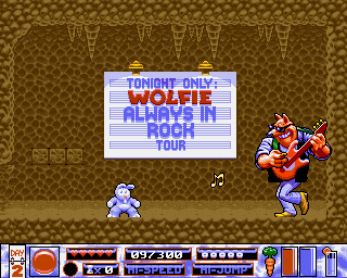 Quik the Thunder Rabbit (Amiga) screenshot: Say hello to Wolfie