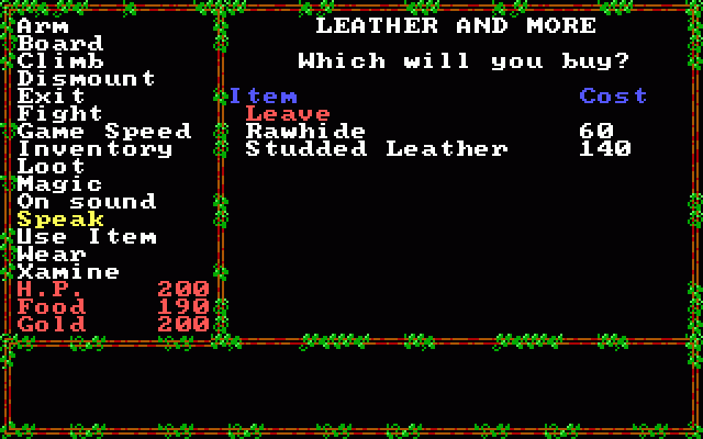 Questron II (DOS) screenshot: Checking Inventory (EGA/Tandy)