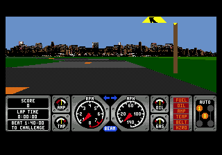 Race Drivin' (Genesis) screenshot: Driving happily towards the city... which you'll never reach... *sniff*
