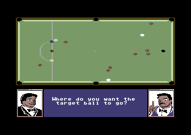 Rack 'Em (Commodore 64) screenshot: Trying to plant those two balls to pot the one closer to the pocket