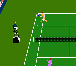 Racket Attack (NES) screenshot: In play on grass court