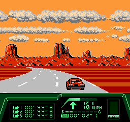 Rad Racer II (NES) screenshot: There are many sharp turns in this desert canyon...