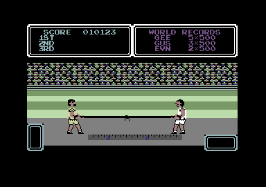 Daley Thompson's Super-Test (Commodore 64) screenshot: Ready? HEAVE!