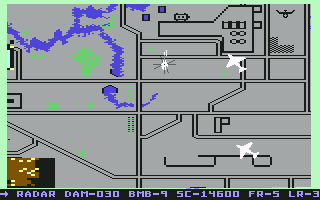 Raid on Bungeling Bay (Commodore 64) screenshot: After you destroy your first factory, you'll face planes