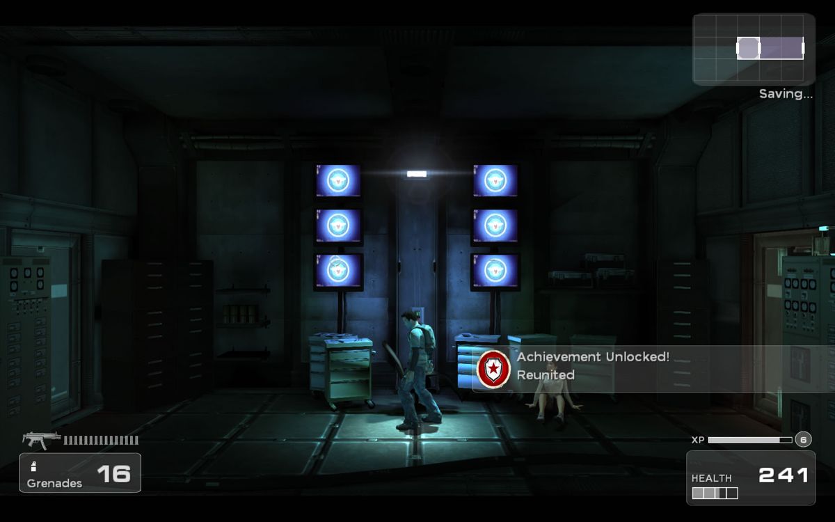 Shadow Complex: Remastered (Windows) screenshot: Jason finds Claire, with a new type of achievement