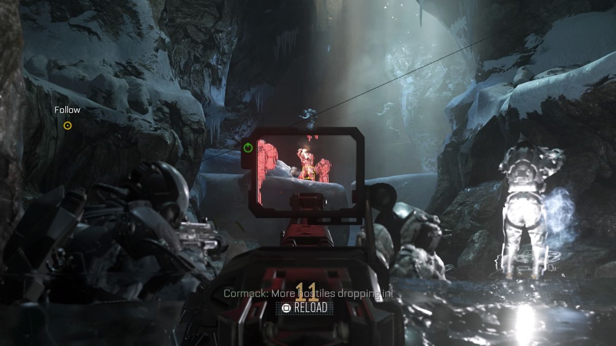 Call of Duty: Advanced Warfare (PlayStation 4) screenshot: Atlas troops searching for us in the frozen caverns