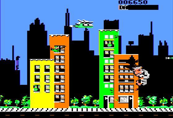 Rampage (Apple II) screenshot: Smashing buildings
