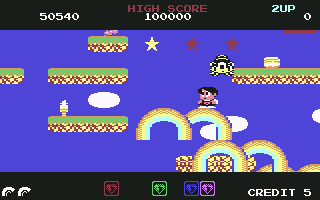 Rainbow Islands (Commodore 64) screenshot: Five emeralds collected