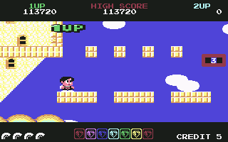 Rainbow Islands (Commodore 64) screenshot: 1-up, obtained all seven emeralds