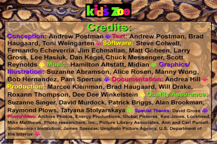 Kid's Zoo: A Baby Animal Adventure (DOS) screenshot: Credits page