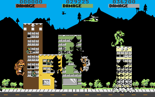 Rampage (Amiga) screenshot: A building is about to fall