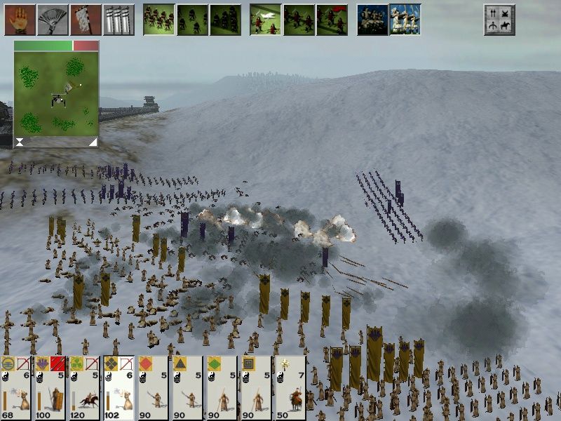 Shogun: Total War - Warlord Edition (Windows) screenshot: Chinese Thunder Bombers and Korean Skirmishers delivering devastation to outclassed Japanese units