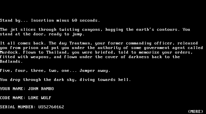 Rambo: First Blood Part II (DOS) screenshot: introductory text