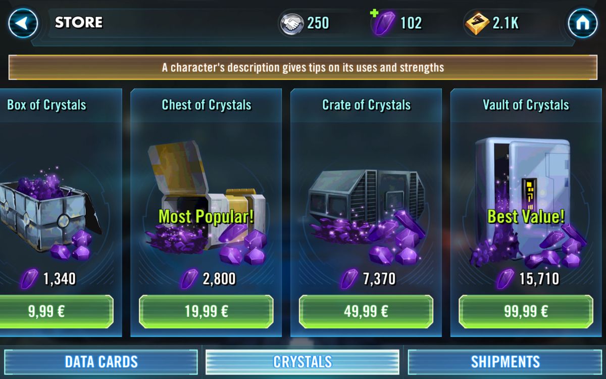 Star Wars: Galaxy of Heroes (Android) screenshot: In-app purchases for the premium currency