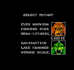 Rampage (NES) screenshot: Sadly, only 2 of the monsters (and 2 players) can play