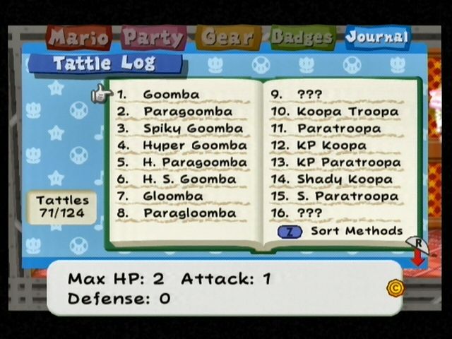 Paper Mario: The Thousand-Year Door (GameCube) screenshot: The Tattle Log displays information gathered by Goombella during battles.
