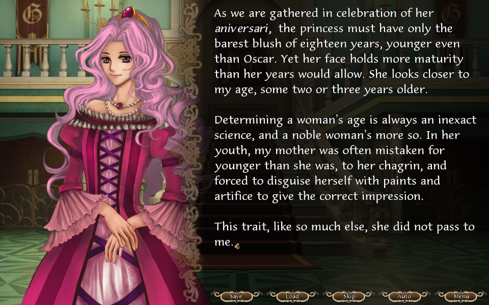 The Royal Trap: The Confines of the Crown (Windows) screenshot: Birthday festivities for Princess Cassidy: in this picture the text is placed on the right