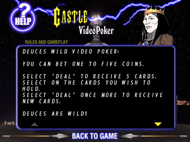 Castle Video Poker (Windows) screenshot: The first screen of the in-game scrollable help file