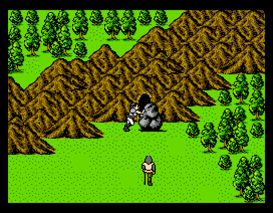 Randar no Bōken III: Yami ni Miserareta Majutsushi (MSX) screenshot: Some events occur directly on the world map... like pushing this rock to enter the cave