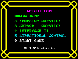 Knight Lore (ZX Spectrum) screenshot: Choosing Controls.
