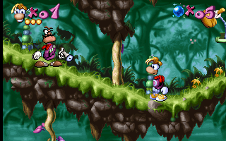Rayman (DOS) screenshot: Watch out for bad guys.